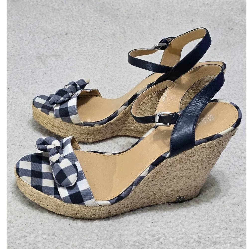 Michael Kors Gingham Espadrille Wedge Sandals Navy White Bow 11M